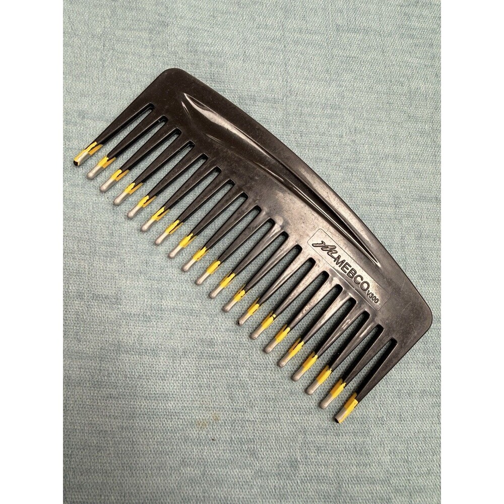 Vintage Mebco Volume Hair Comb Twice Dipped Wide Tooth Black Yellow Silver